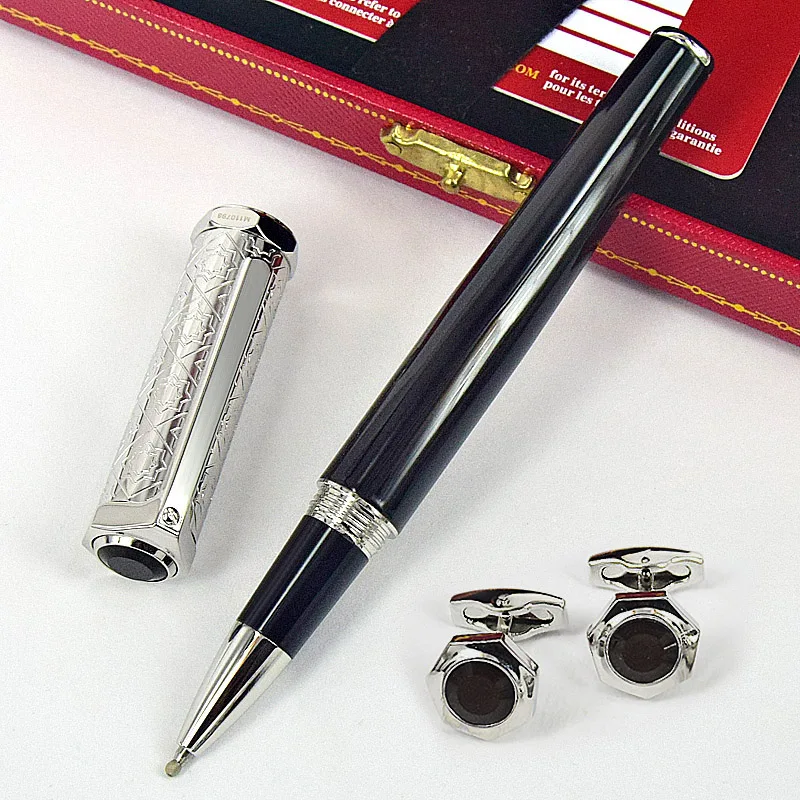 

AGD Heptagon S-Dumont CT Black Barrel Snowflake Texture Pattern Luxury Metal Roller Ball Pen Silver Trim With Serial Number