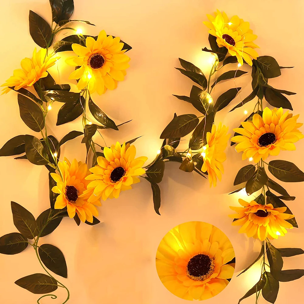 2M 20 Led Sunflower Vine Branch String Lights Battery Powered Flower Warm White Garland Light for Garden Home Party Decoration