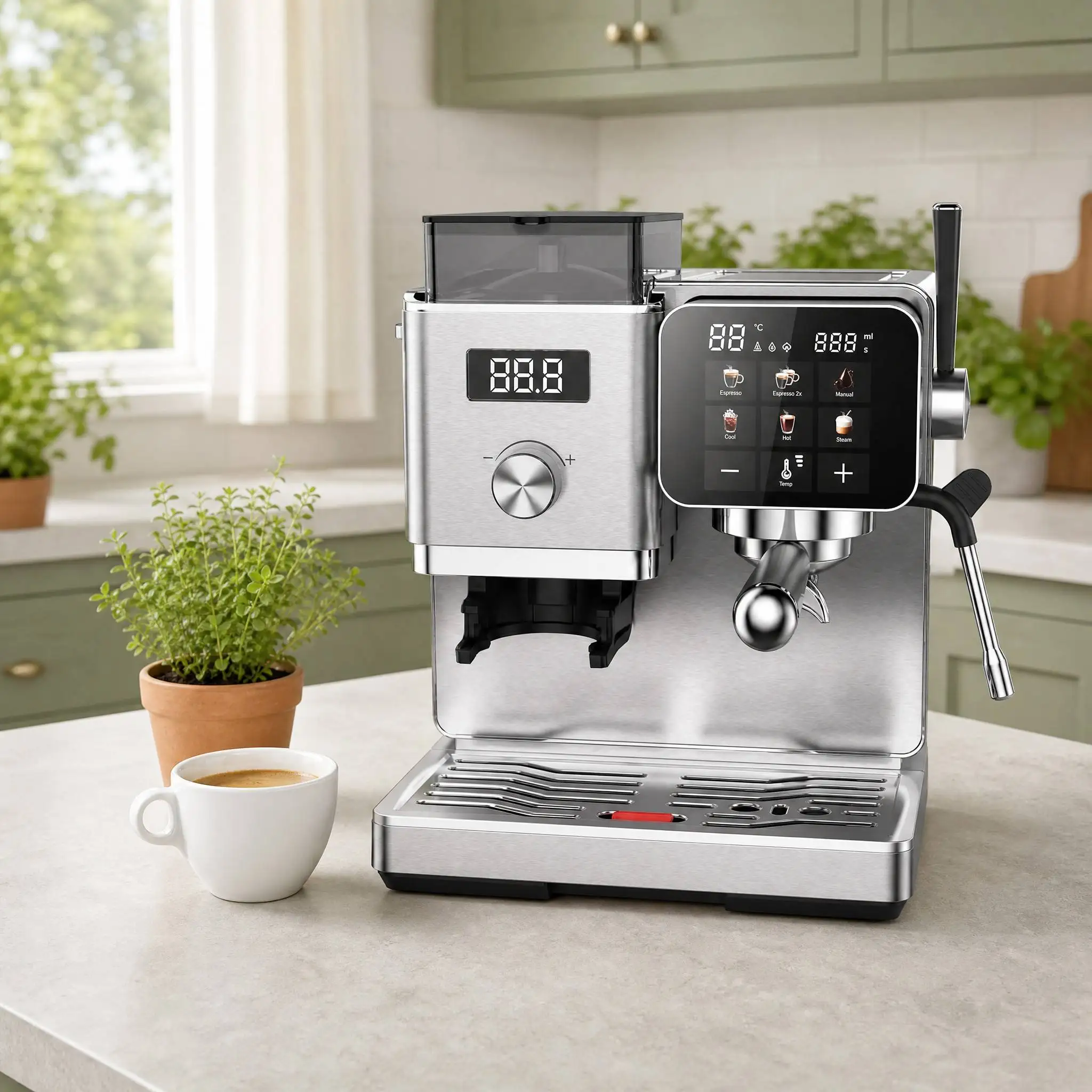 Semi Automatic Espresso Machine 20 Bar Built-in Conical Burr Grinder 58mm Commercial Head PID Dual Heating 2200W