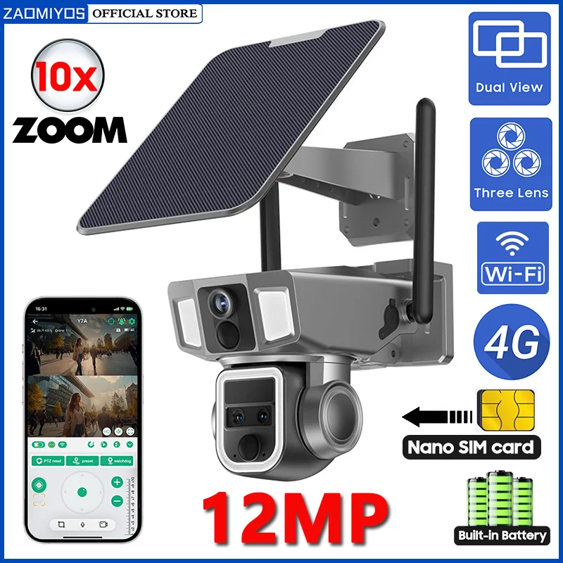 ZAOMIYOS Dual Screen 2 in1 4G SIM/WIFI Solar Security Camera Outdoor 12MP PTZ Camera Multi-lens 10X Zoom PIR Detection CCTV Cam