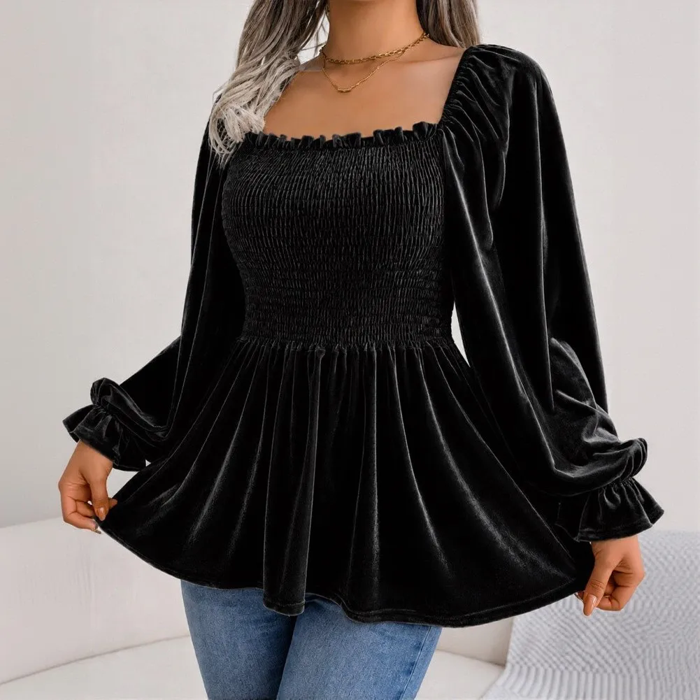 Solid Color Womens For Velvet Long Sleeve Square Neck for ruffle Peplum Hem Casual Tee for Daily Party Holiday Wear
