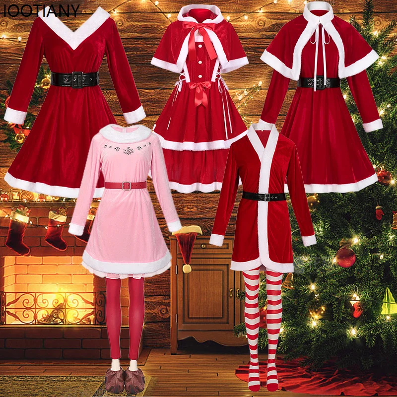 Herfst En Winter Kerst Kerstman Cosplay Kostuums Rood Roze Elf Fancy Fluwelen Jurk Vrouwen Sexy Xmas Party Maid Dress Up Nieuw