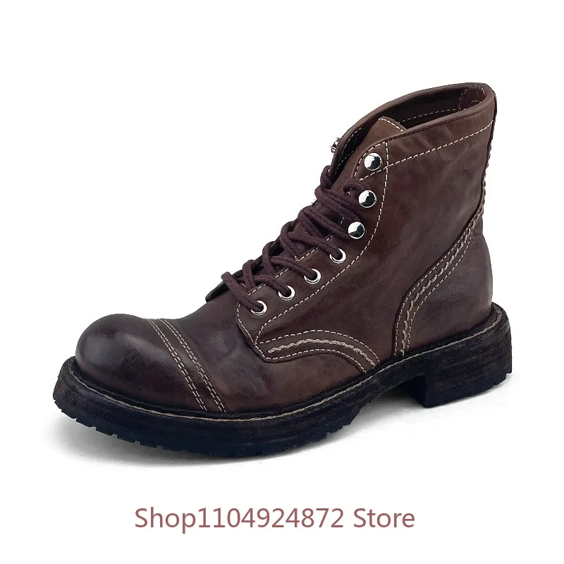 Vintage Genuine Leather Work Boots Men's Shoes High Top Lace Up Round Toe Washed Horsehide Casual Chelsea Ankle Boots Male