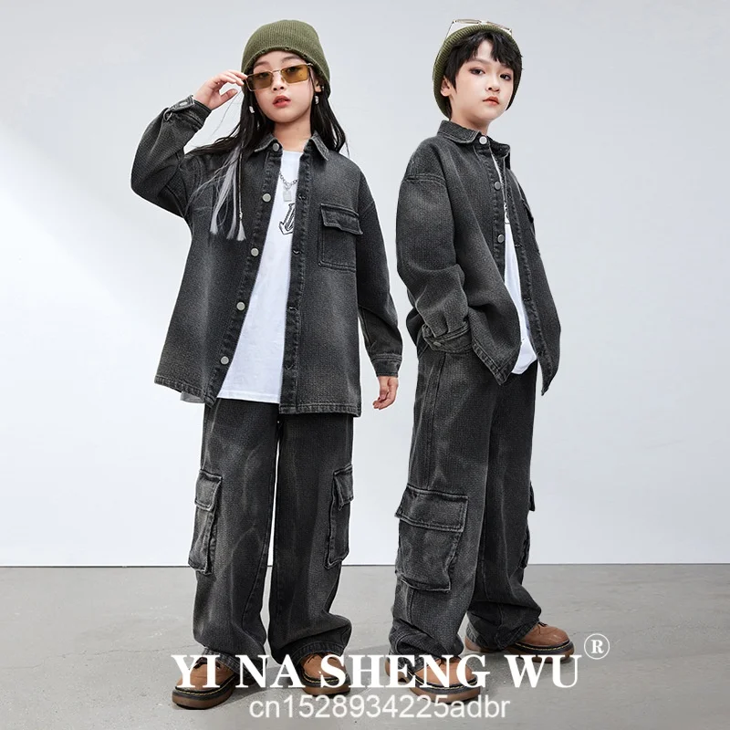 

Женская одежда в стиле хип-хоп, джинсовая черная стираная рубашка, куртка, топ, повседневный мешковатый комплект джинсов, брюки для молодежи, костюм для джазовых танцев, одежда