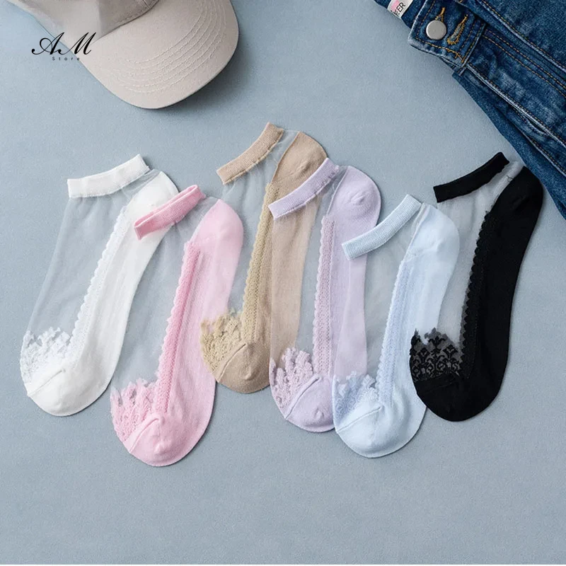 1Pair Women\'s Ankle Socks Transparent Invisible Summer No Show Lace Socks Non-slip Mesh Sheer Half Thin Socks