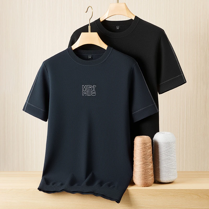 

Plus Size 7XL Embroidery Men Sweater Short Sleeve Knitwear Silky Winter Quality Viscose Blends Elastic Fashion Sueters De Hombre