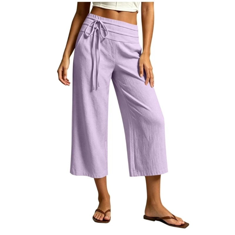77HE Pants for Women Casual Loose Elastic Waist Crop Pant Lightweight Capris Trendy Beach Vacation