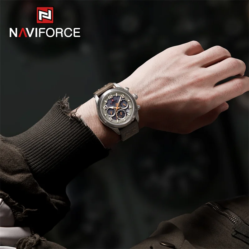 NAVIFORCE Brand Casual Sport Men\'s Quartz Watches Eco-Drive Movement Genuine Leather Strap Waterproof Luminous Wristwatches 2023