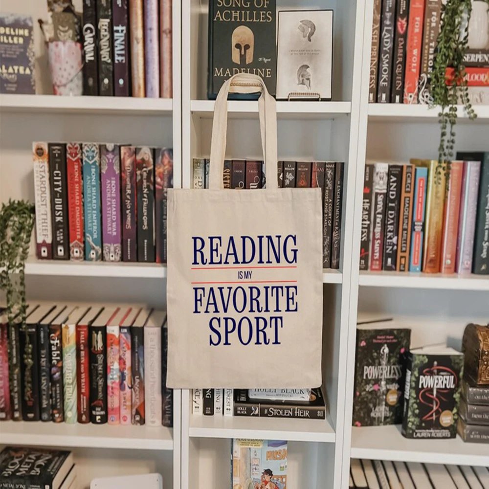 

Book Lover Tote Bag Funny Letter Reading Is My Favorite Sport Print Canvas Shoulder Bag Gift for Women Reader Teacher Librarian