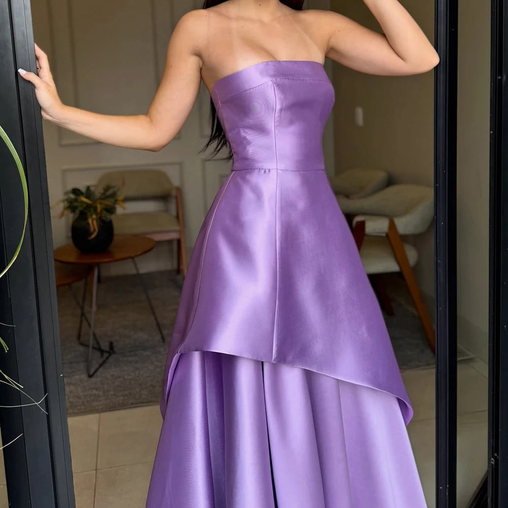 Elegant Women's Bandeau Satin Evening Dress Irregular High Low Hem A-Line Gown for Prom Wedding Gala Cocktail Events