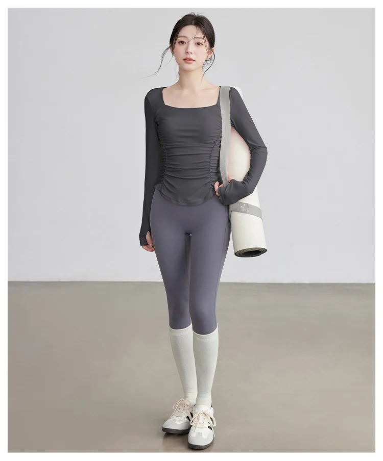 Neues Langarm-Fitness-Oberteil mit Rücken-Schlank-Effekt, Plissierter Taille, Elastischem Brustpolster, Yoga-Pilates-Fitness-Top, Schlankheitskleidung – Detail 9