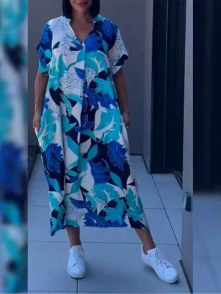 Women's Short-sleeve New V-neck Print Casual Dress Summer Fashion Elegant Office Party Holiday Women Clothes Dresses Robe Femme