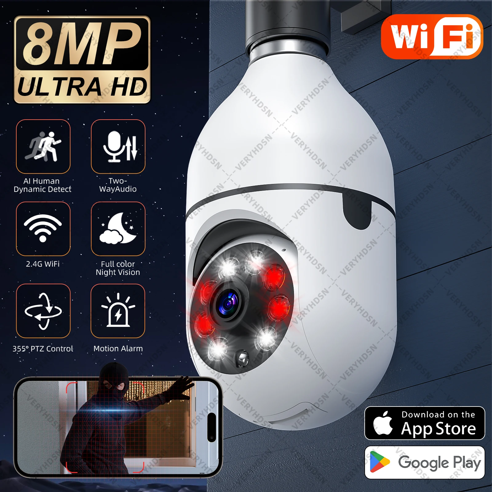 

Wifi E27 Bulb Surveillance Camera 8MP Night Vision Automatic Human Tracking 4X Digital Zoom Video smart home Security Monitor