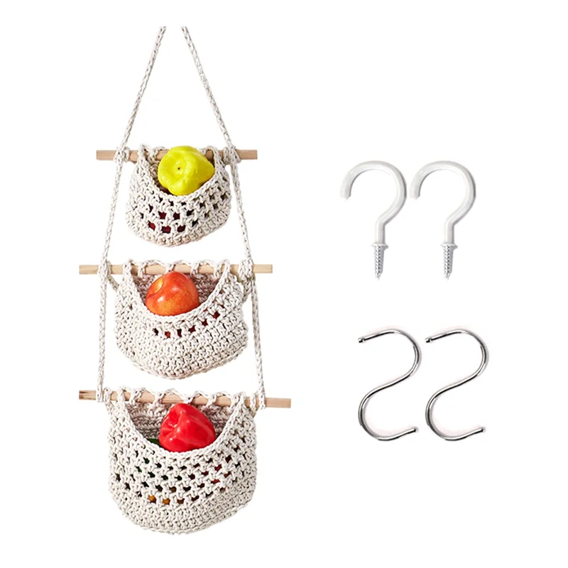 

A15F-Wall Fruit Basket Braided Hanging Baskets For Kitchen Fruit And Vegetable Basket 3 Tier Storage Hanging Woven Pocket Durabl