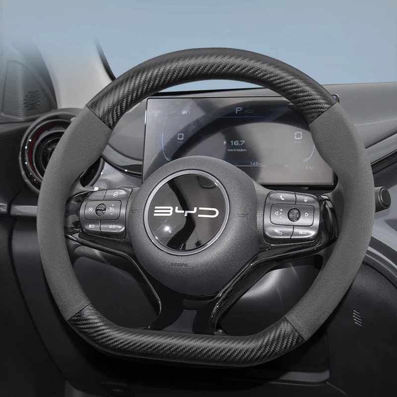 

For BYD Suede Carbon Fiber Steering Wheel Cover Fit Dolphin Seal King Atto 3 Shark 6 Mini Seagull Song Plus Han Tang S6 S7 F3