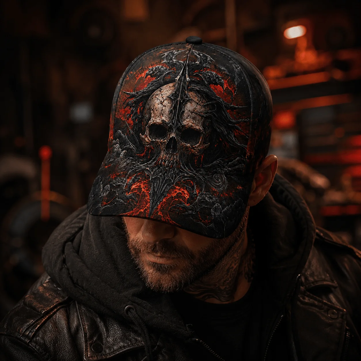 Customization Flame Demon Skull Print Baseball Cap, Hell Full Print Cap, Dark Gothic Style Adjustable Unisex Cap, Heavy Metal St