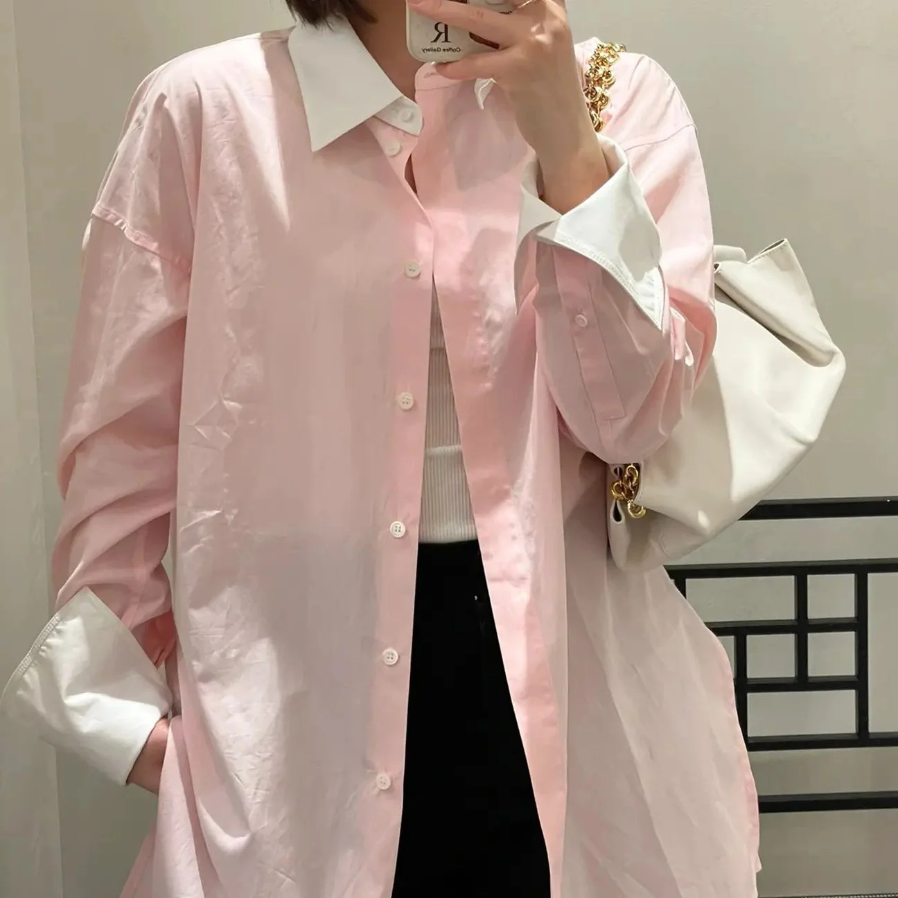 

Womens Tops Spring and Summer Pink Blouse Lapel Design Cotton Poplin Simple Embroidery Long-sleeved Shirt