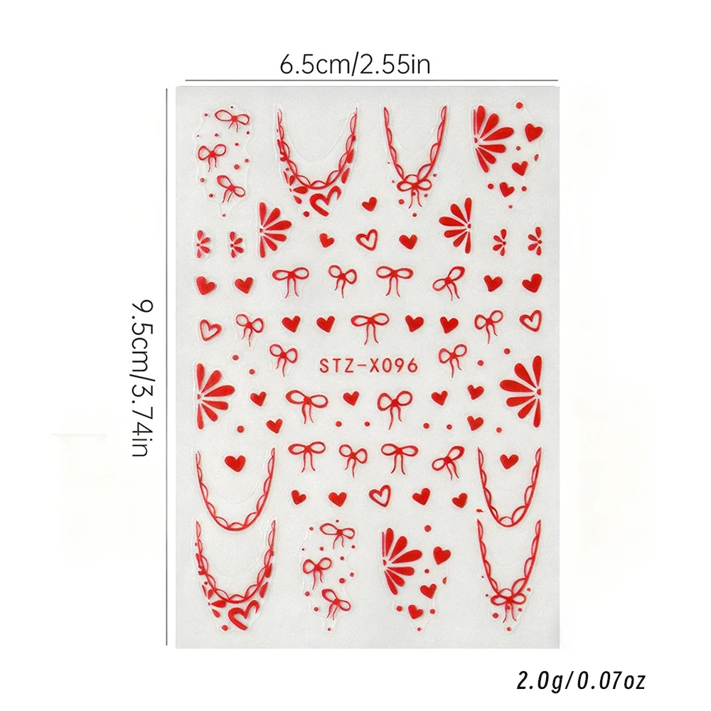 1 szt. Naklejki na paznokcie 3D z czerwonymi kokardkami i serduszkiem, urocze francuskie kokardki, naklejki na paznokcie na Walentynki, samoprzylepne ozdoby na paznokcie z serduszkiem, akcesoria do paznokci 6*9cm