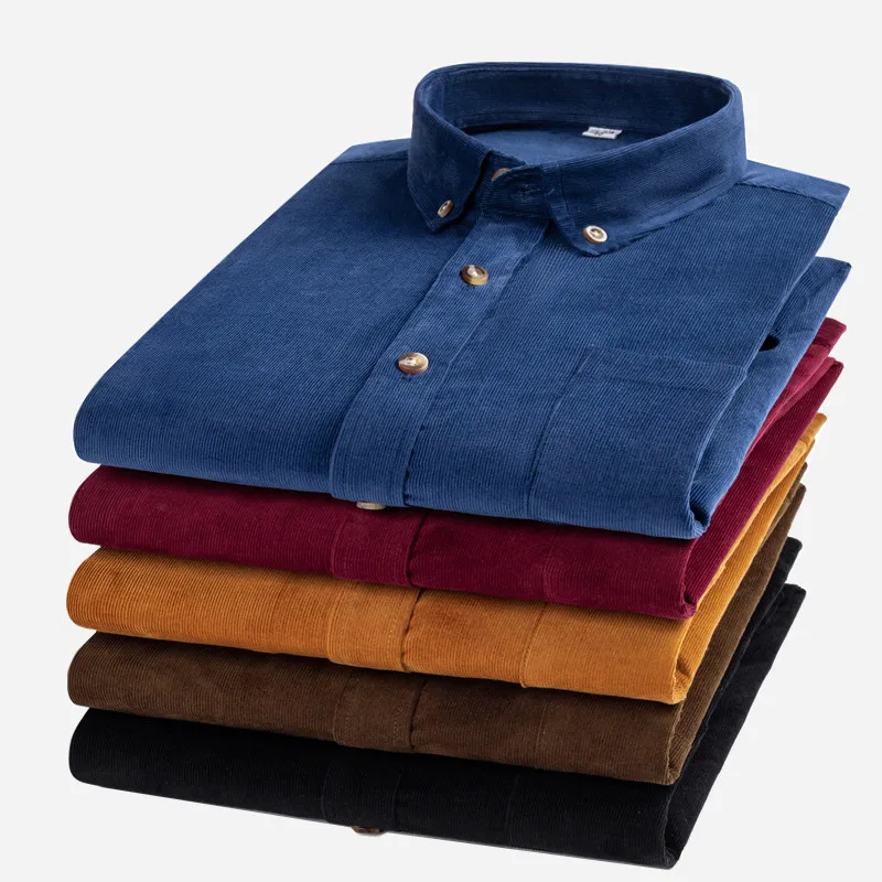 Rozmiar S-7XL Męska sztruksowa koszula z długim rękawem Bawełniana Casual Regular Fit Miękkie Wygodne Formalne Koszule Bluzka Odzież Męska