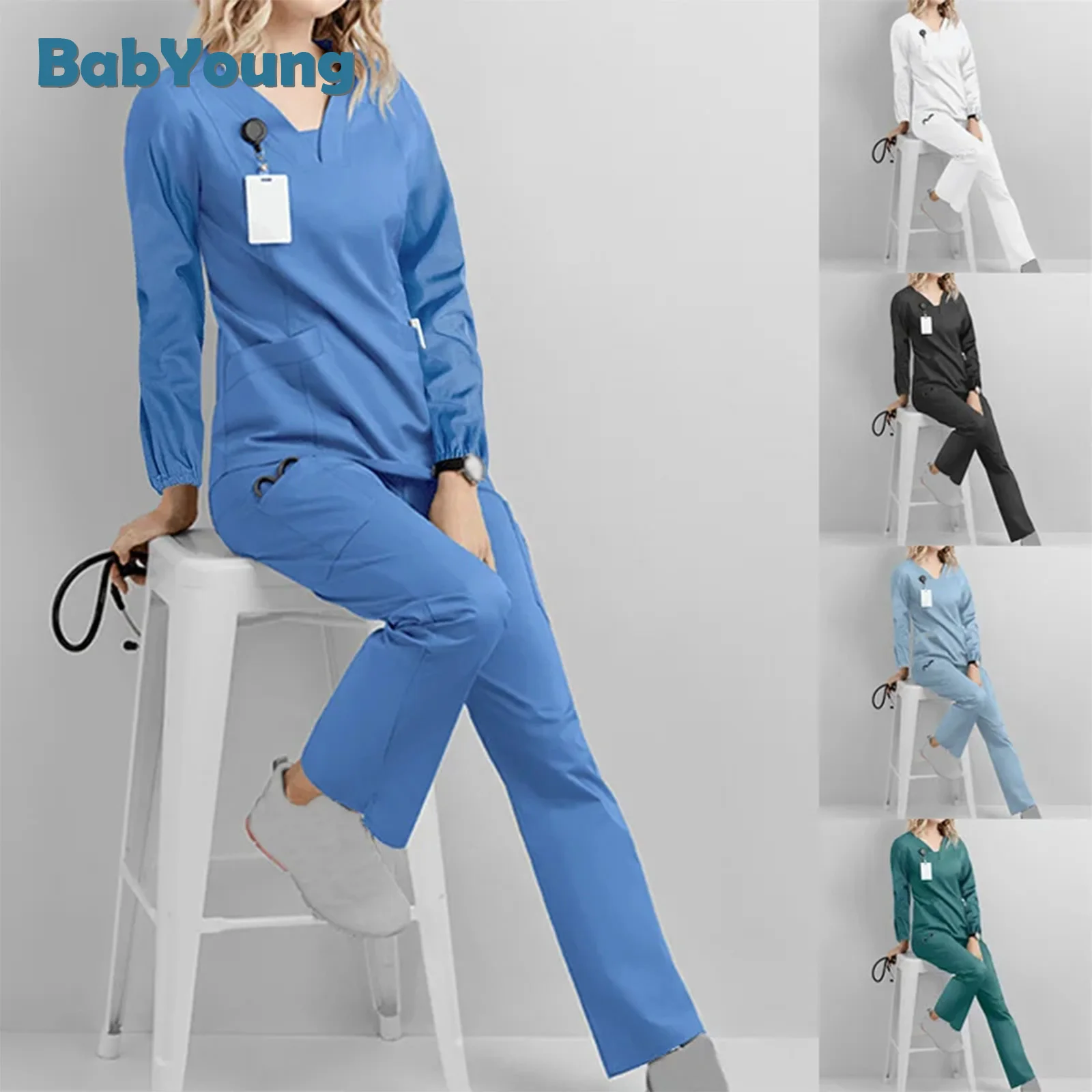 Scrubs uniformi mediche donna 2023 manica lunga con scollo a v Pocket Care Workers t-shirt top autunno uniformi De Enfermera Mujer