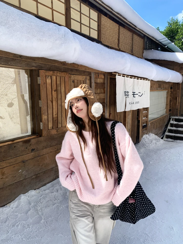 سترة محبوكة بأكمام طويلة باللون الوردي الفاتح للنساء، تصميم فضفاض بأسلوب عصري، إصدار جديد للخريف والشتاء، مظهر شبابي وأنيق #3