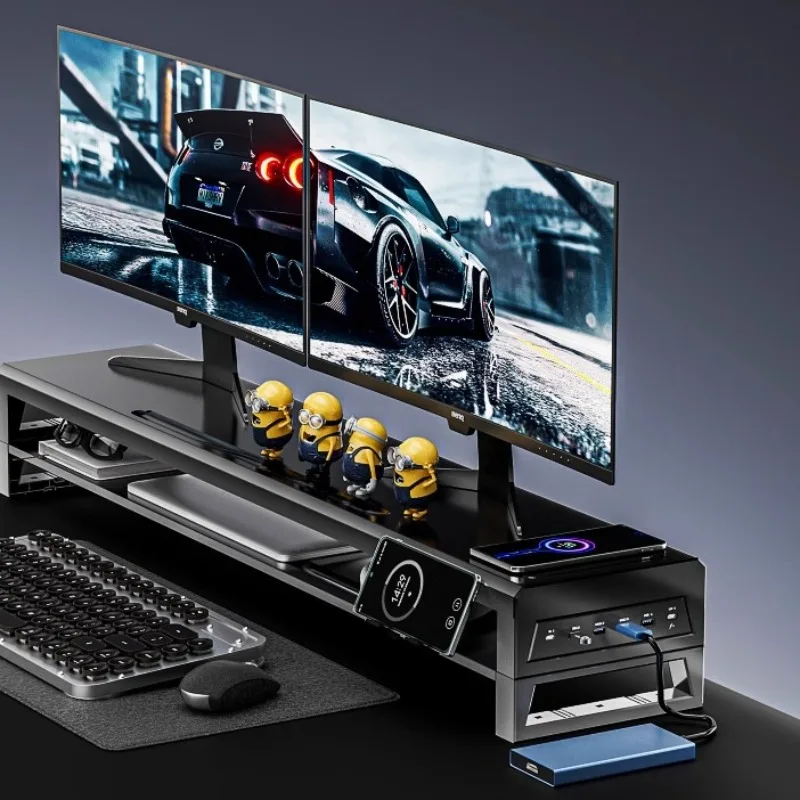 USB Charging Monitor Riser Gaming Desk Storage Rack Computer Display Organizer Shelf with Screen Support Bracket