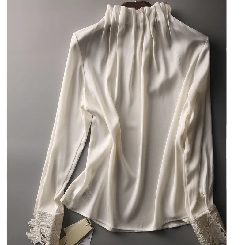 2023 Lente Herfst Effen Kleur Opstaande Kraag Overhemd Vrouwen High Street Fashion Vintage Elegante Uitgeholde Geplooide Blouse Voor Alle Wedstrijden