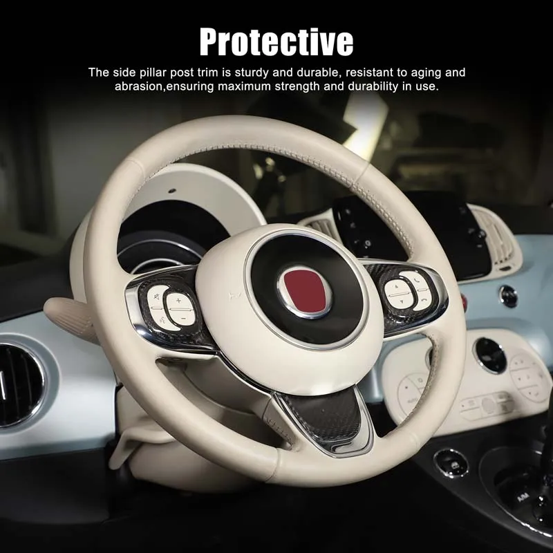 لشركة فيات 500 2016-2024 عجلة القيادة مفتاح الإطار عجلة القيادة شعار غطاء الزخرفية اكسسوارات السيارات الديكور صحيح ألياف الكربون #4
