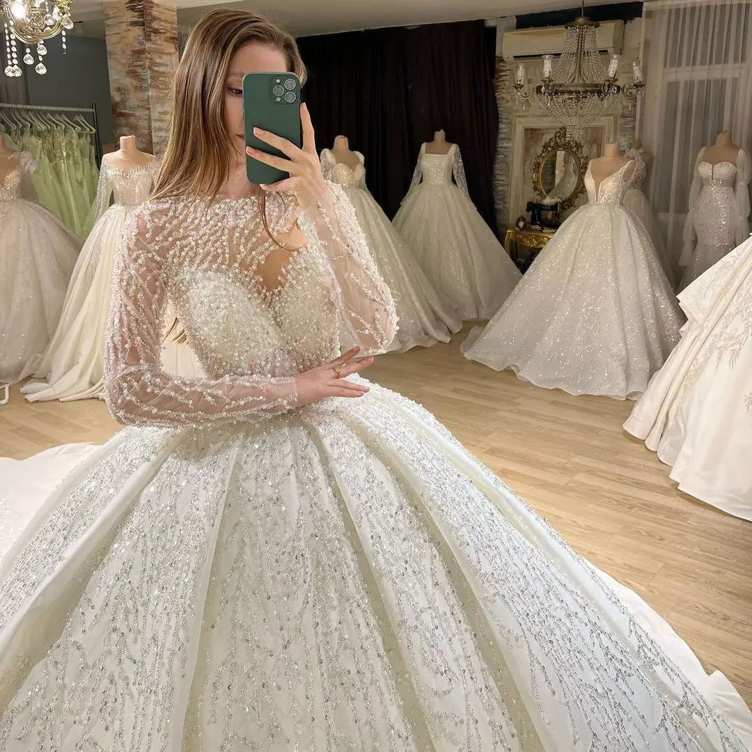 

FATAPAESE Luxury Wedding Dress Princess Dresses Long Sleeve Beading Illusion Sequins Sweatheart V-neck Fluffy Bride Ball Gown