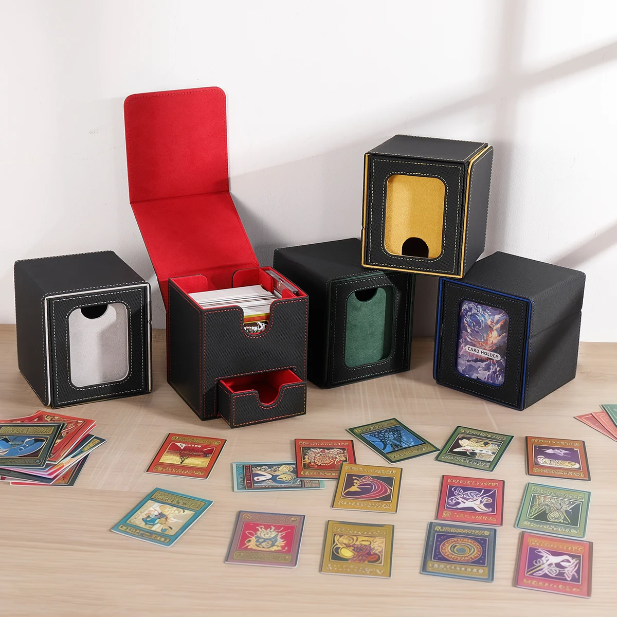 Caja de cuero para tarjetas MTG con 2 pantallas de comandante, almacenamiento de tarjetas impermeable de doble capa, puede contener más de 200 tarjetas de protección de doble capa