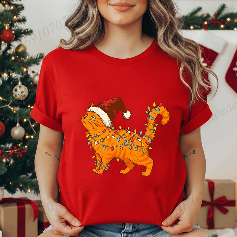 Funny Cat Christmas Shirt Women's Casual Fashion T-Shirts Graphic T-shirt Crew Neck Short Sleeve Top Pet Lover Christmas Gifts