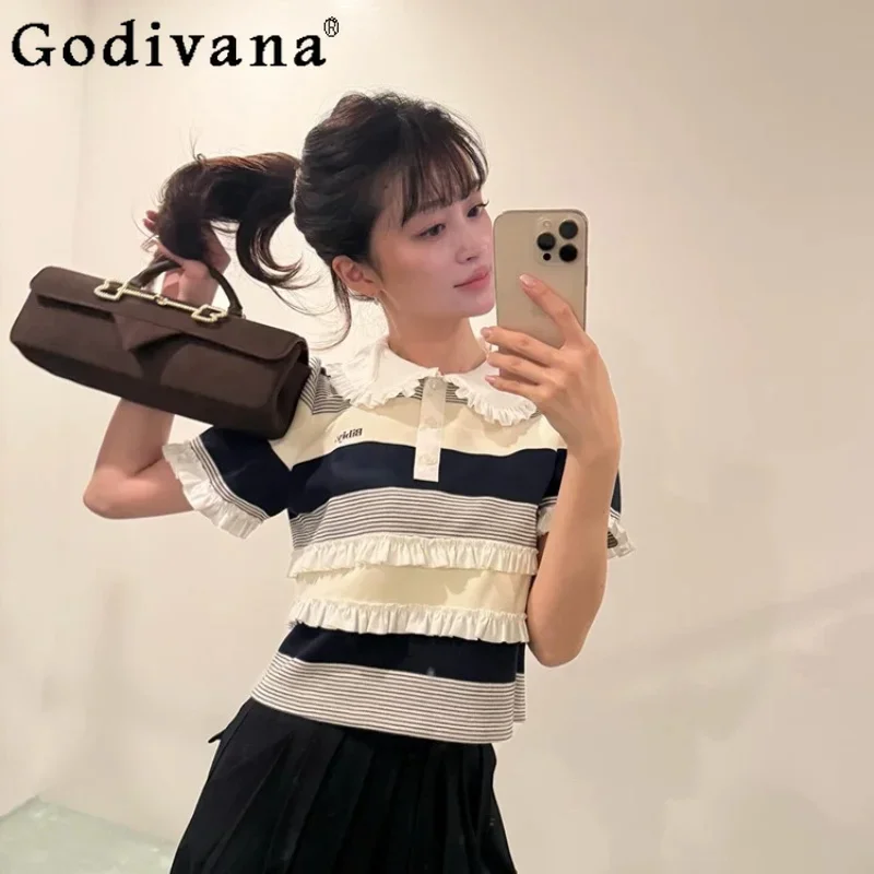 IMU Japanese Style Sweet Women's Short Sleeve Knit Top 2026 Summer Lady Fashion Letter Embroidery Casual Knit Shirt Female T-Shi