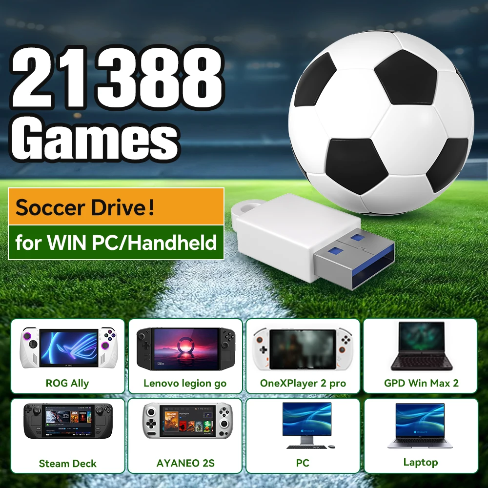 

Portable 256G Soccer Game Drive 21388 Games Emulators for PS3/PS2/PS1/PSP/SS/DC/N64/WIIU for PC＆Rog Ally X＆Legion GO HandHands