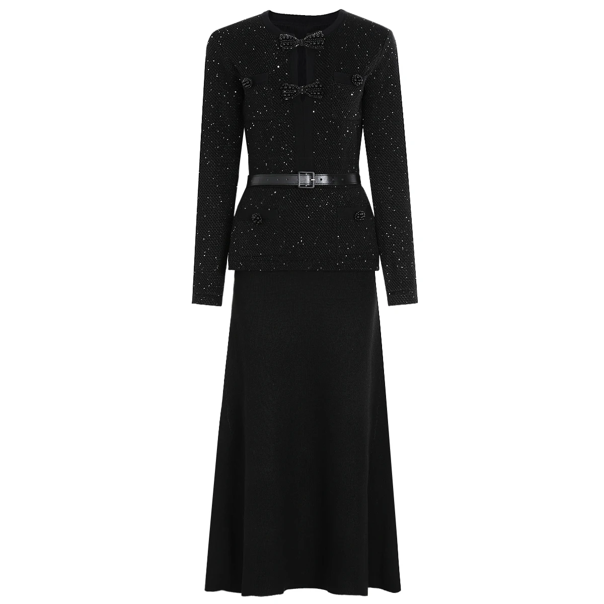 25289 High-quality New Elastic Knitted Round Neck Slim Fit Butterfly Heavy Industry Nail Bead Long Sleeved Women's Dress