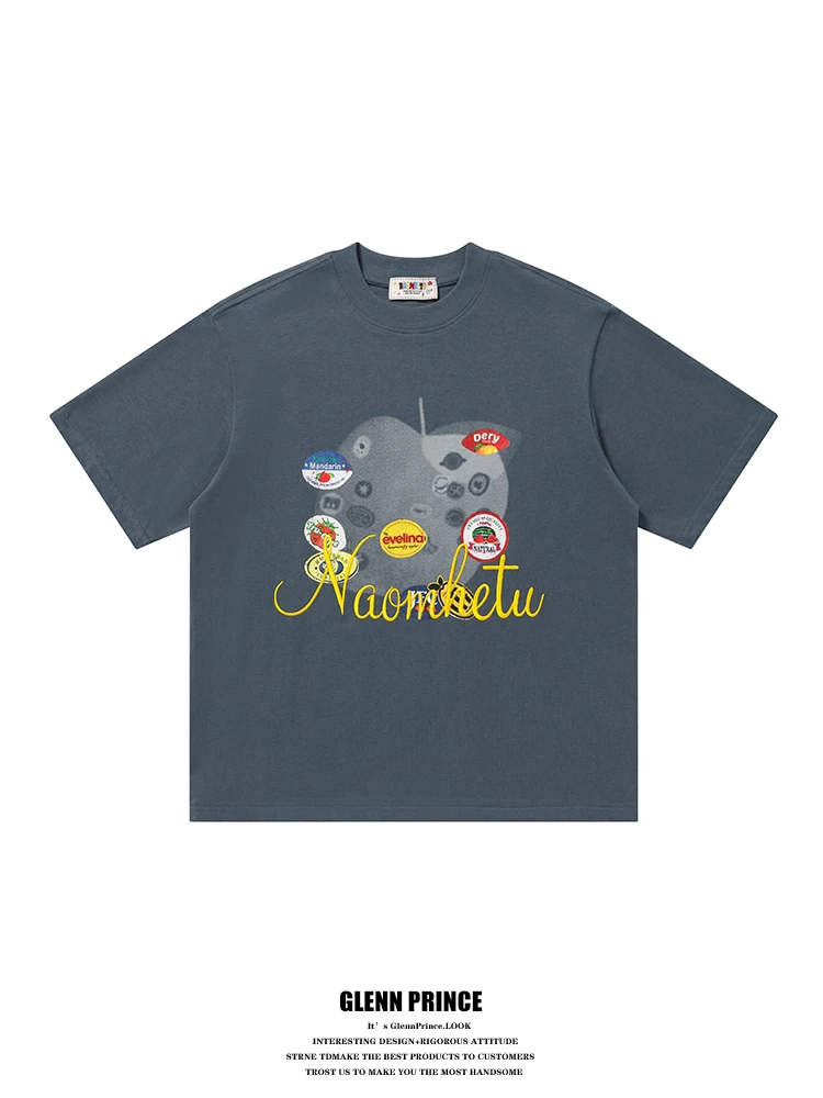 

GPstudio American Streetwear Creative Embroidered Print Short Sleeve Men's T-shirt Summer Fashion Top Loose Fit Cotton
