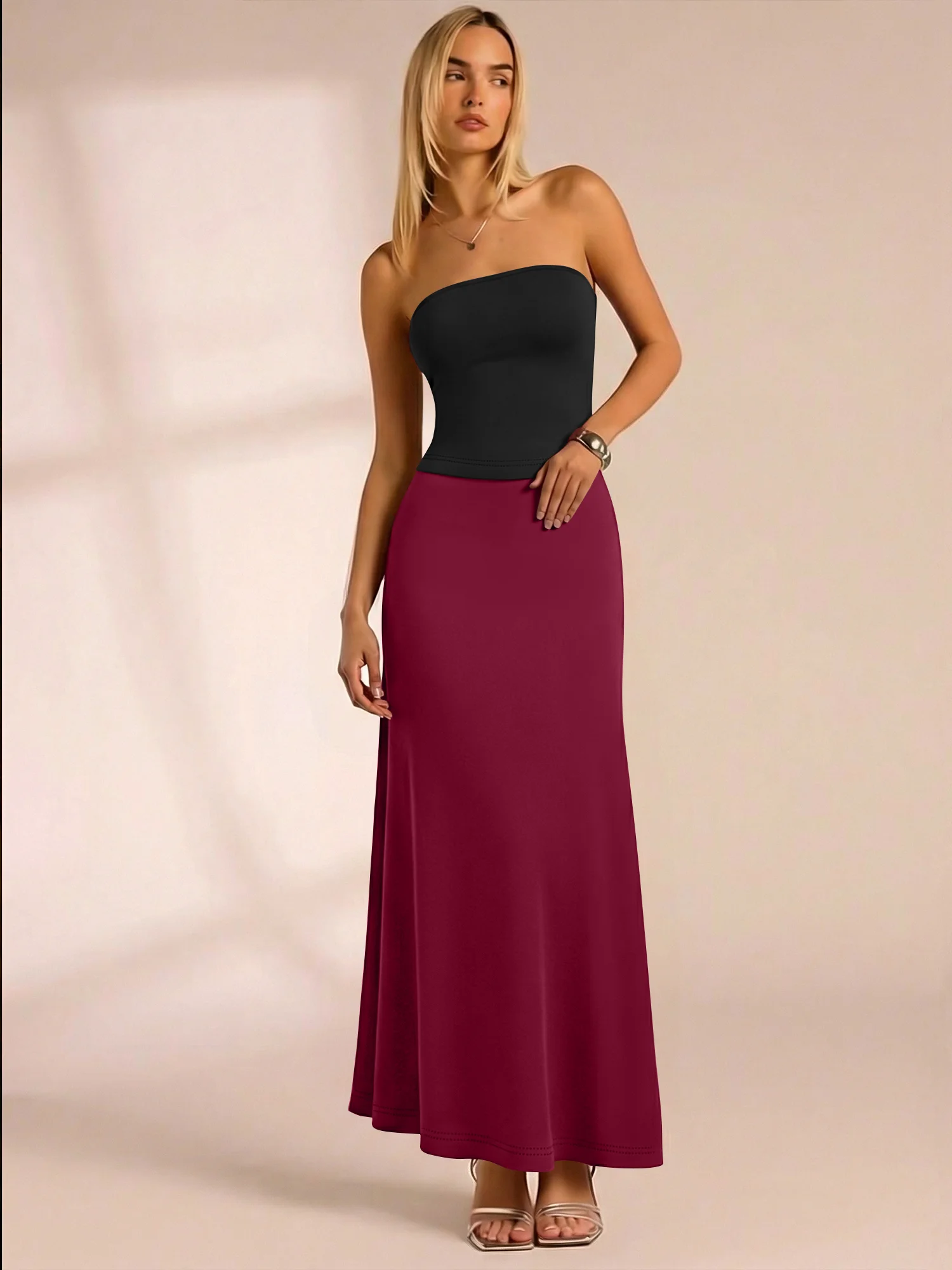 

Женский повседневный комплект из 2 предметов: топ-бюстье без бретелек и юбка с высокой талией, однотонный, облегающий, элегантный, мягкий и удобный наряд