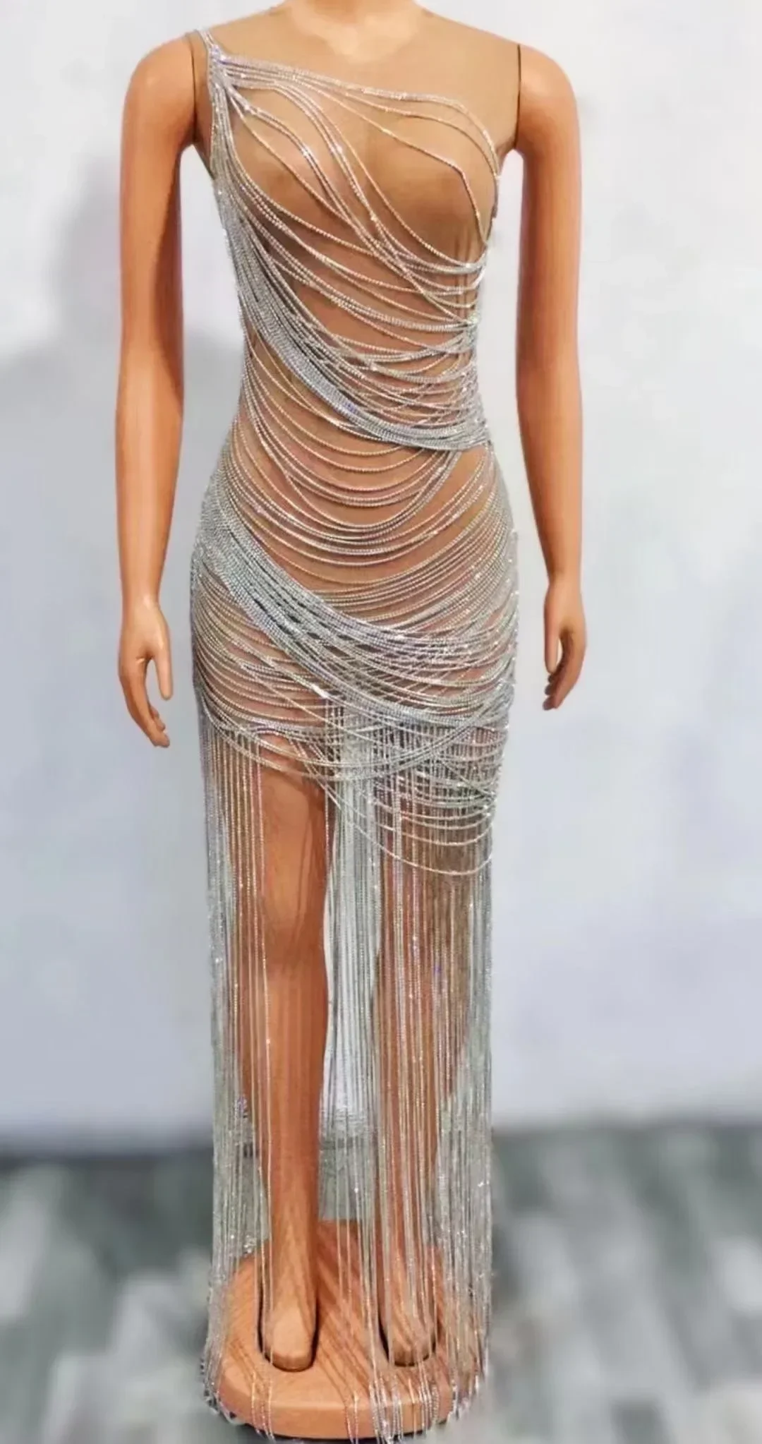 Nude Sleeveless Shining Rhinestones Chains Tassel Sexy Dress For Women Evening Party Clothing Singer Stage Costumes Prom Wears