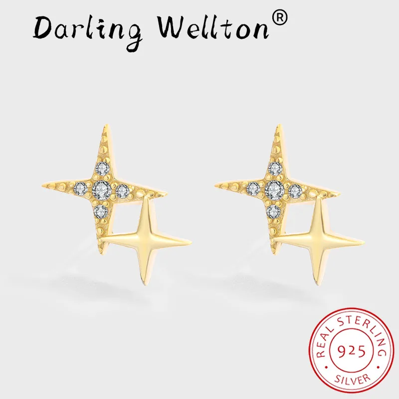 

Creative 18k Gold Cross Two Stars Full Diamond Stud Earring For Women Original Sterling 925 Silver Valentine's Day Gift Jewelry
