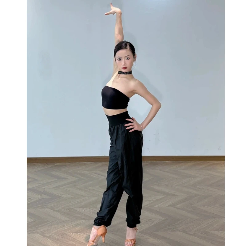 

New Latin Dance Trousers Black Loose Pants Chacha Rumba Dance Women High Waist Glossy Practice Wear Training Clothes