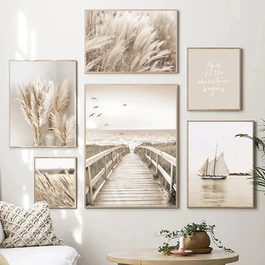 Art Pictures Canvas Painting Bohemia Beach Landscape Posters Prints Nordic Modern Home Decor Beige Flower Grass Scenery Wall
