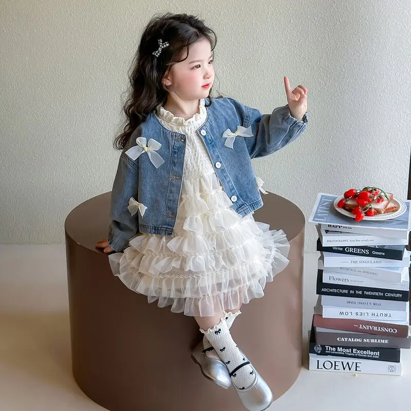 

New Girls' Summer Set Spring and Autumn Children's Bow Denim Jacket+Princess Dress 2-piece Set