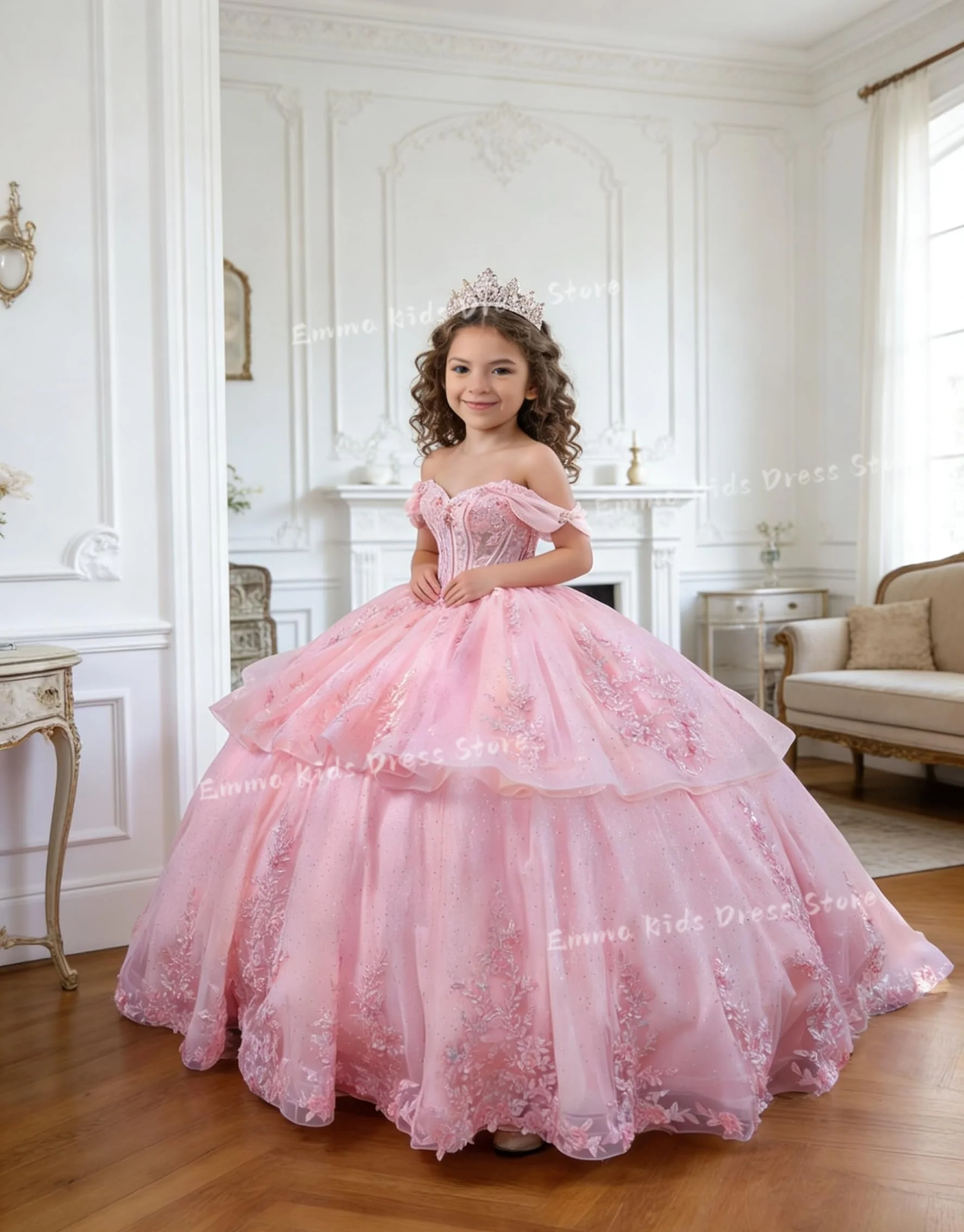 Custom Lace Applique Flower Girl Dress Wedding Multi-layer 3D Flower Girl Pageant Dress Crystal Ball Gown for Girls