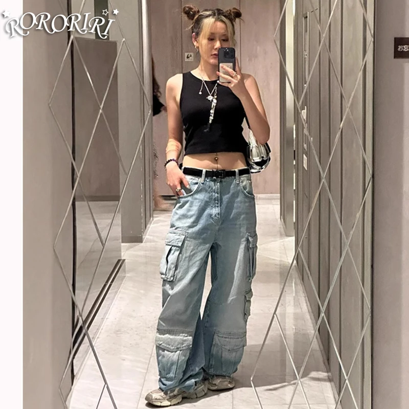 

RORORIRI Light Blue Jeans Washed Denim Pants for Women Spring Fall Street Style Multi-Pocket Wide-Leg Workwear Pants Plus Size