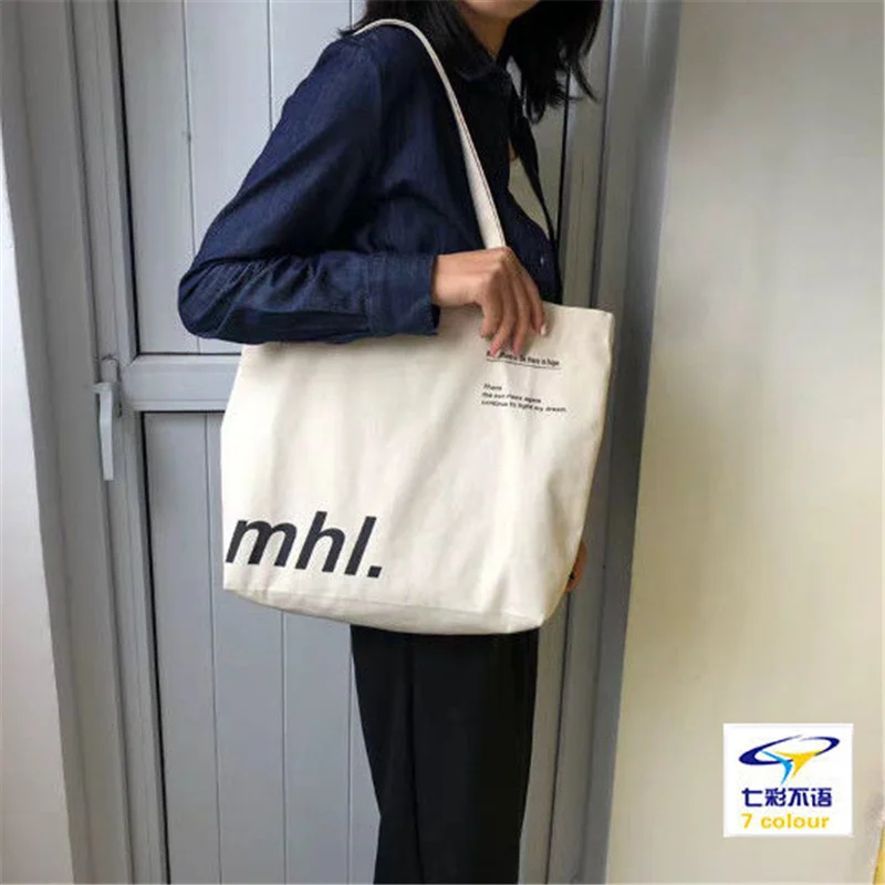 Women Canvas Shoulder Bag Mhl Printing Ladies Casual Handbag Tote Bag Large Capacity Cotton Reusable Shopping Beach Bag