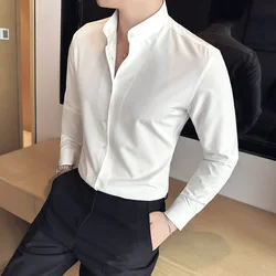 Italian Naples Solid Color Long Sleeved Men's Shirt Korean Fashion Stretch Slim Fit Mens Dress Shirts Formal Stand Shirt Tops