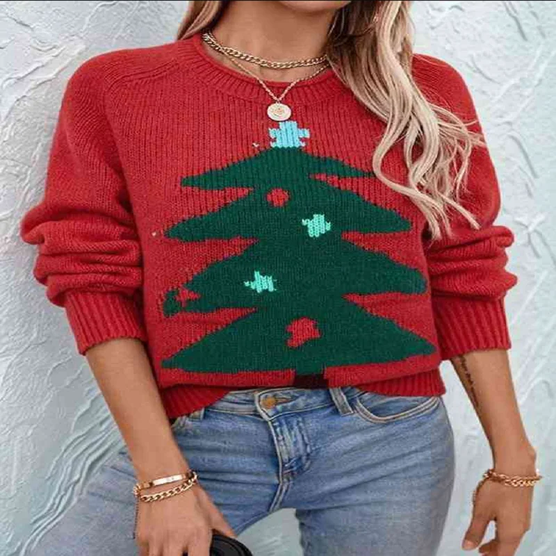 Рождественские свитера для женщин, свитер с круглым вырезом, пуловеры с длинными рукавами, рождественская праздничная одежда