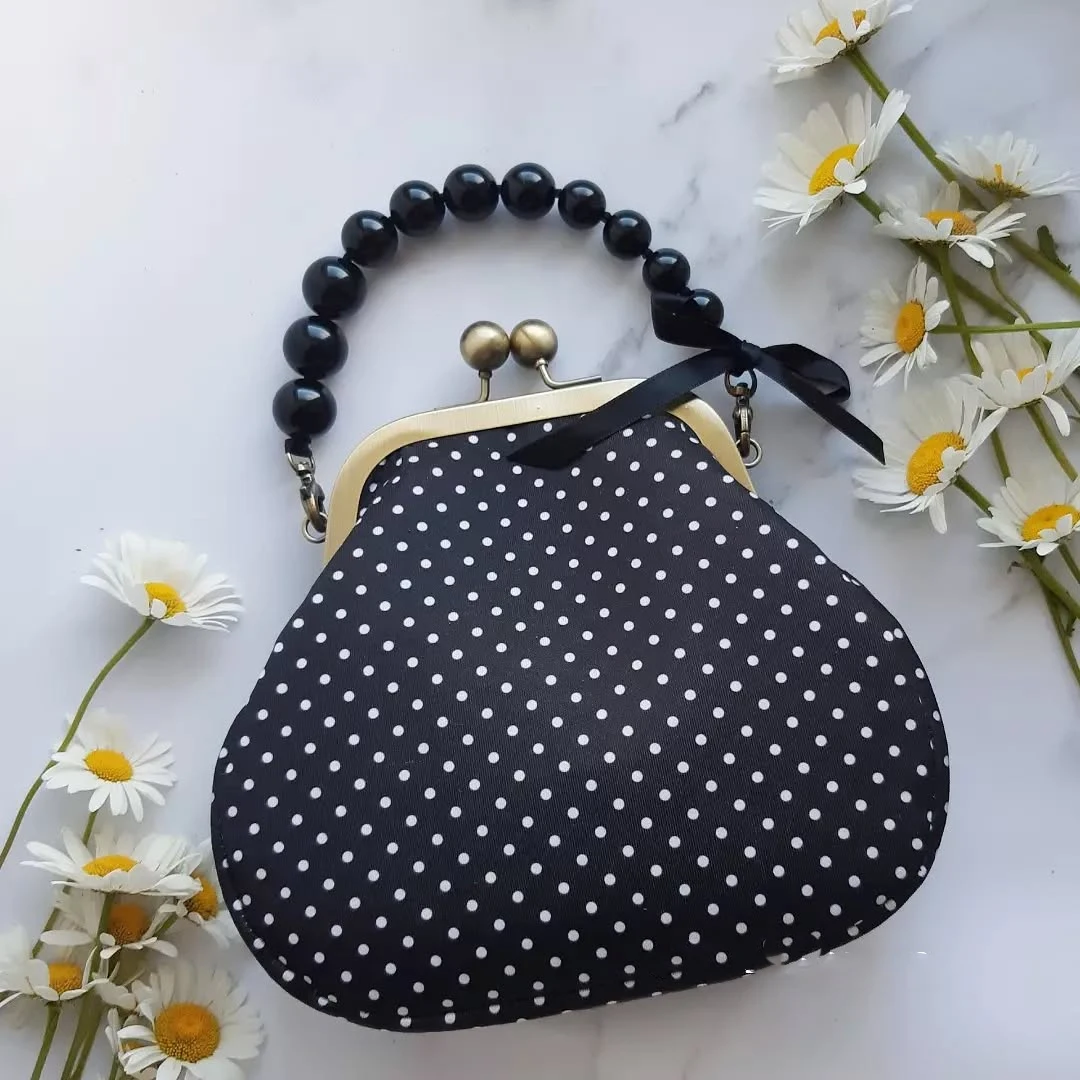 Lost In Vintage 20x20x7cm Classic Coin Card Purse with Black Fabric and White Polka Dots Evening Clutch with Jade Chain Bags