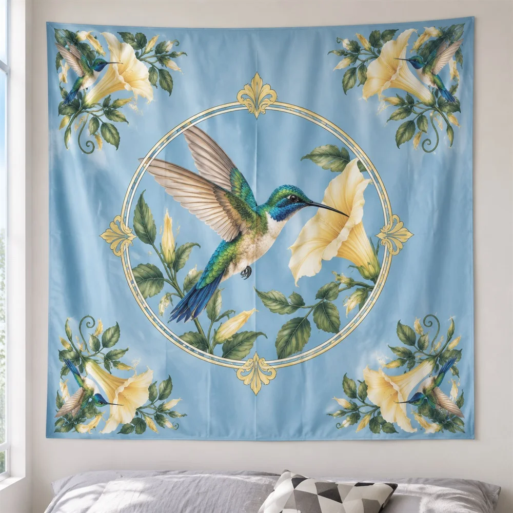 VIKAMA Hummingbird Flower Tapestry Wall Hanging, Garden Aesthetic Room Decor Wall Art Tapestries for Living Room Bedroom Kitchen