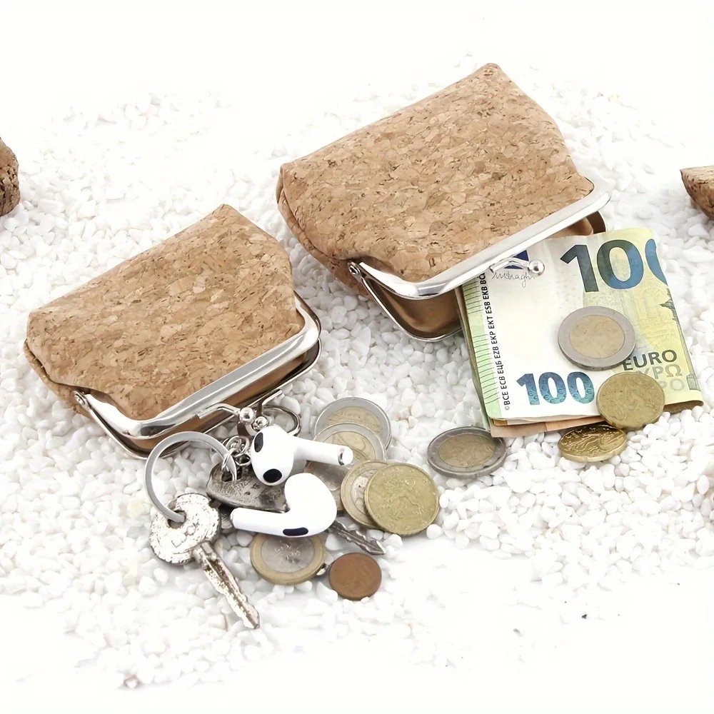 High Quality Solid Beige Kiss Lock Cork Coin Purse Natural Cork from Portugal Mini Coin Bag for Women Child