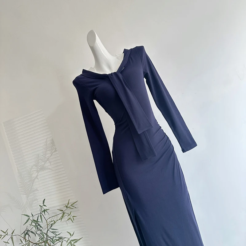 French style lace patchwork lace-up V-neck dress unique design temperament and a mature style women slim fit long skirt